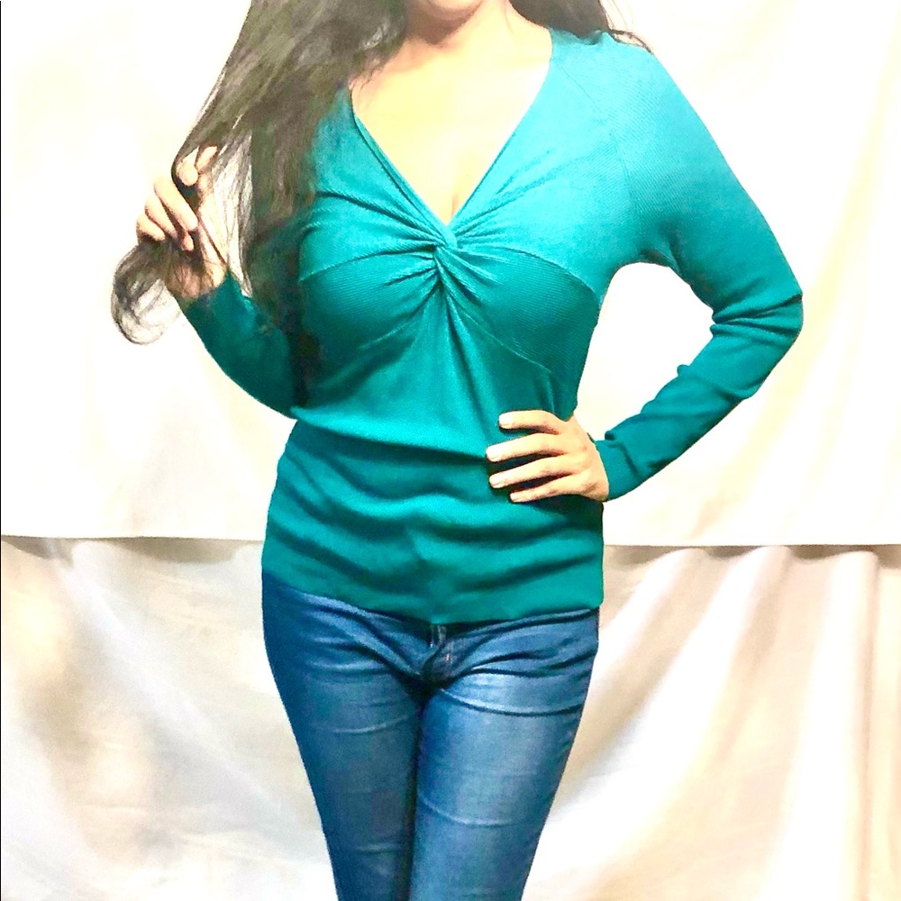 INC Teal Green Seagreen Vneck Ribbed Sweater L